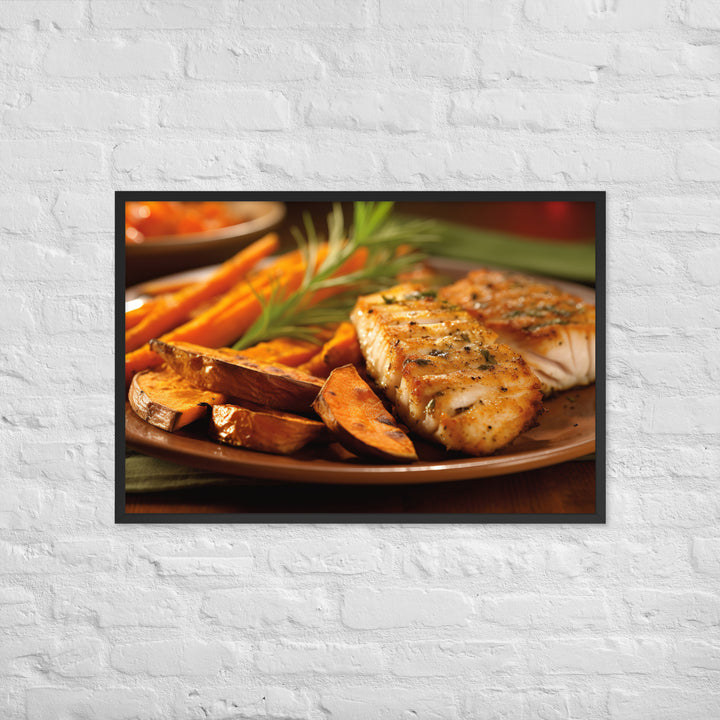 Grilled Fish and Sweet Potato Fries Framed poster 🤤 from Yumify.AI
