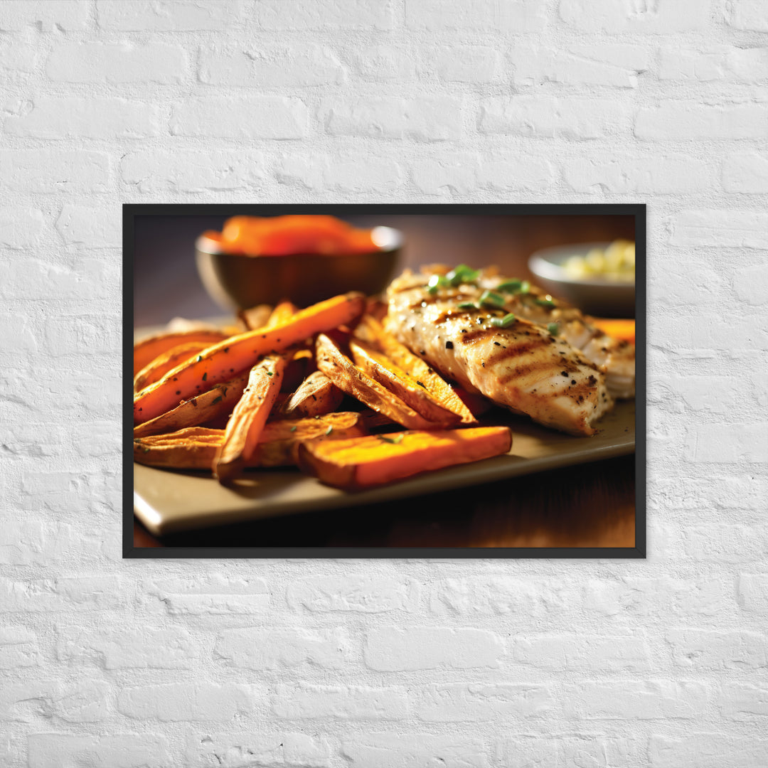 Grilled Fish and Sweet Potato Fries Framed poster 🤤 from Yumify.AI