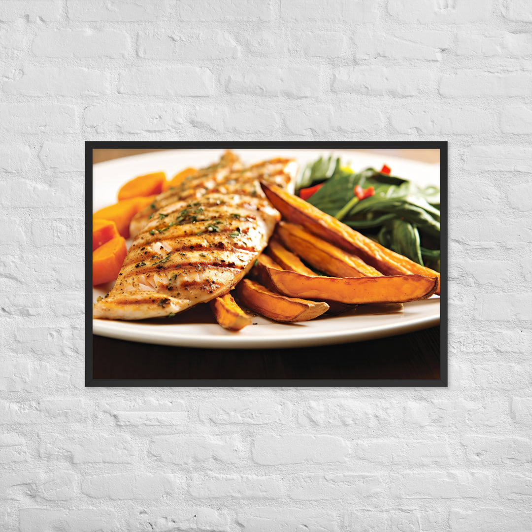 Grilled Fish and Sweet Potato Fries Framed poster 🤤 from Yumify.AI