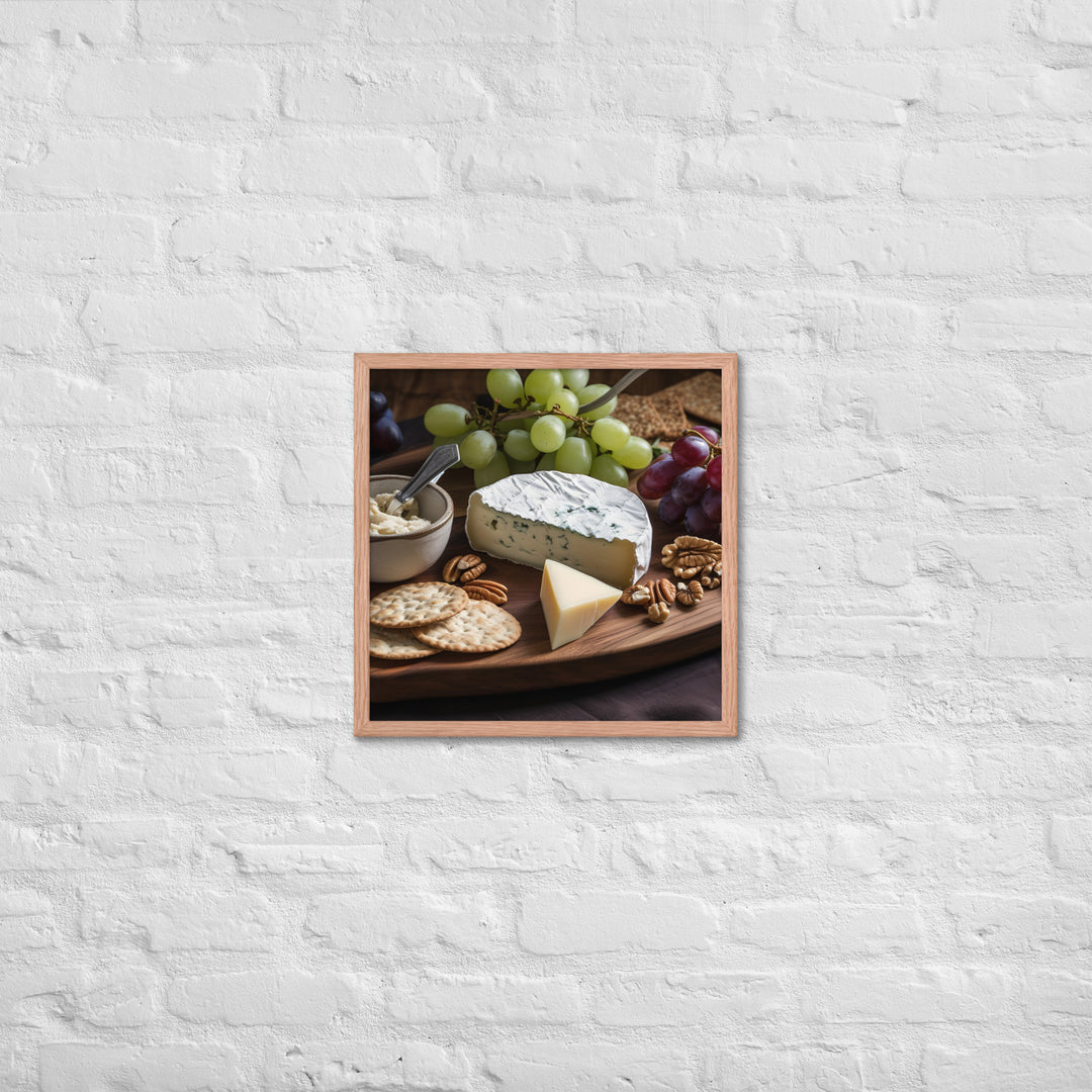 A cheese board featuring creamy brie Framed poster 🤤 from Yumify.AI