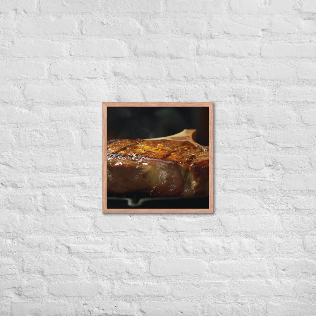 Juicy T-Bone Steak on a Sizzling Grill Framed poster 🤤 from Yumify.AI