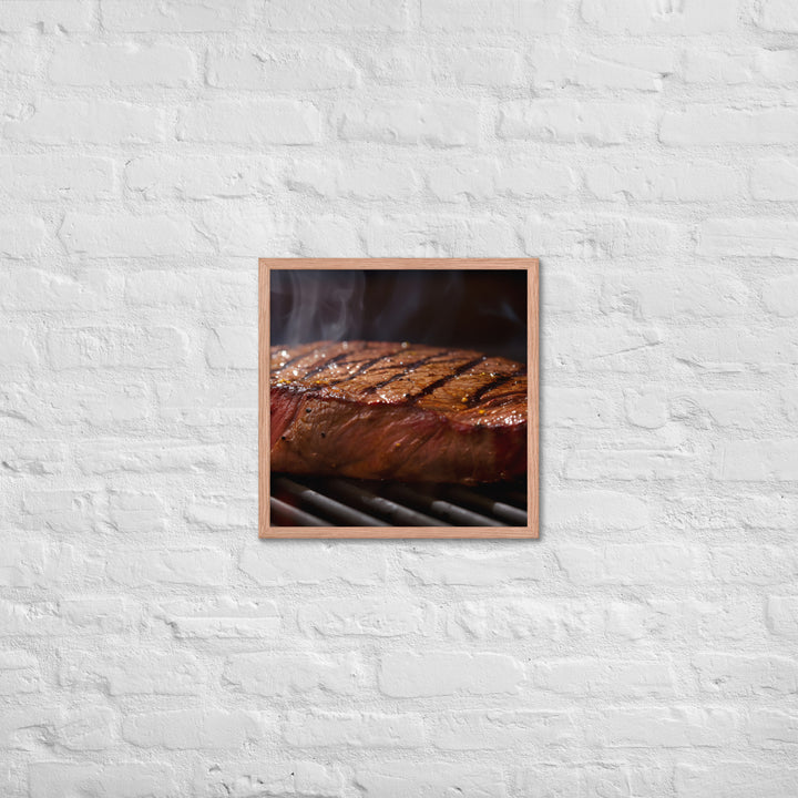 Juicy Flank Steak sizzling on a grill Framed poster 🤤 from Yumify.AI