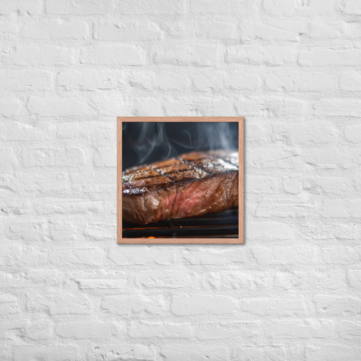 Juicy Flank Steak sizzling on a grill Framed poster 🤤 from Yumify.AI