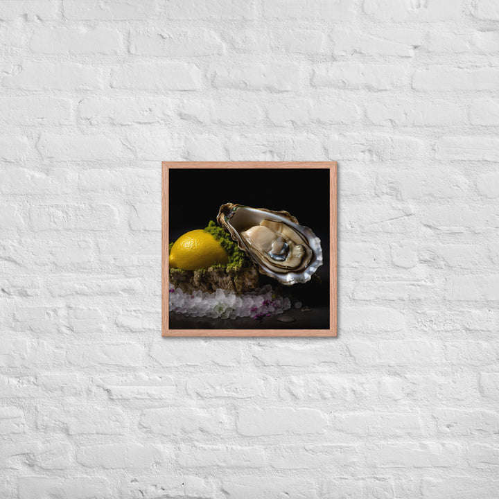 Succulent Belon oyster with lemon wedge Framed poster 🤤 from Yumify.AI