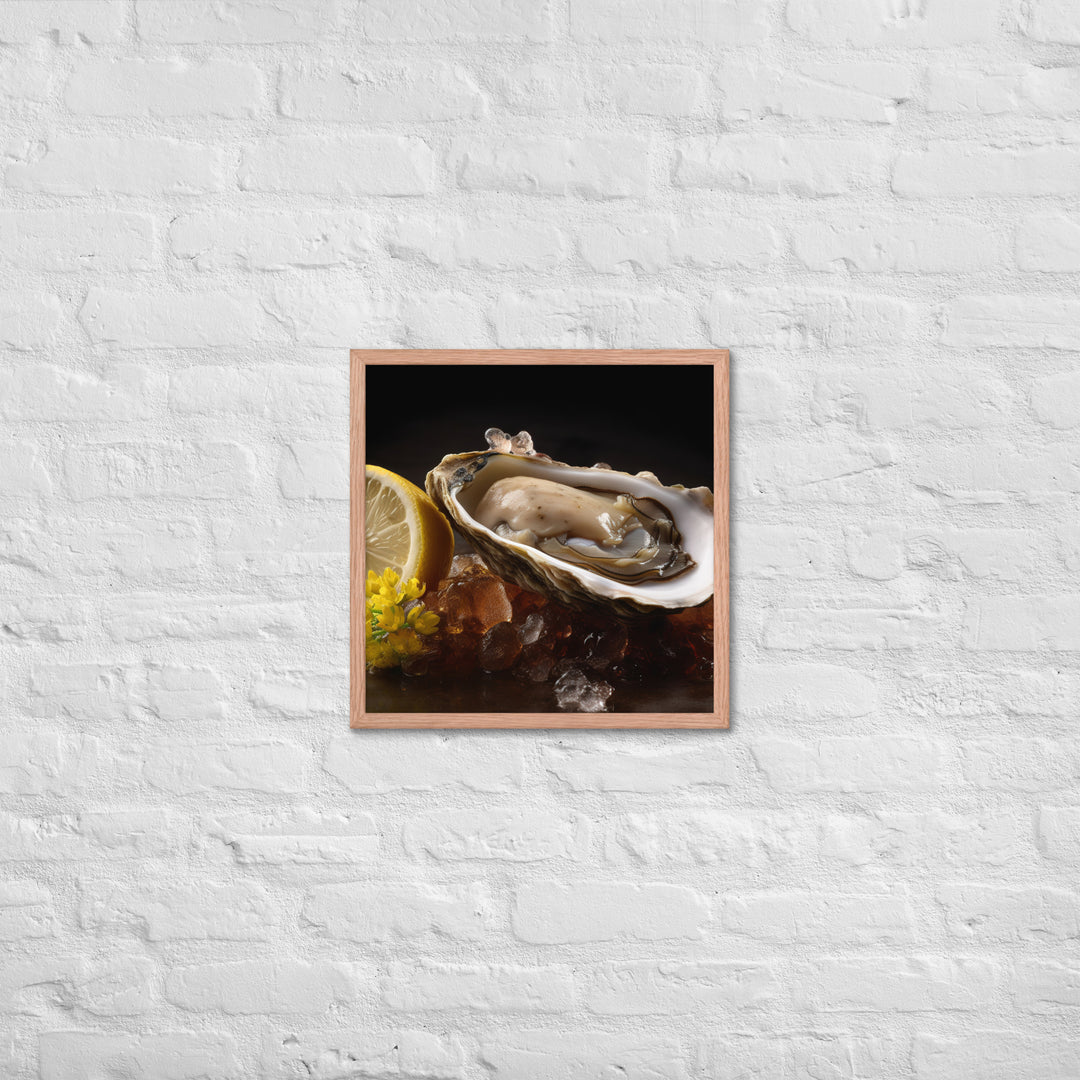 Succulent Belon oyster with lemon wedgev Framed poster 🤤 from Yumify.AI