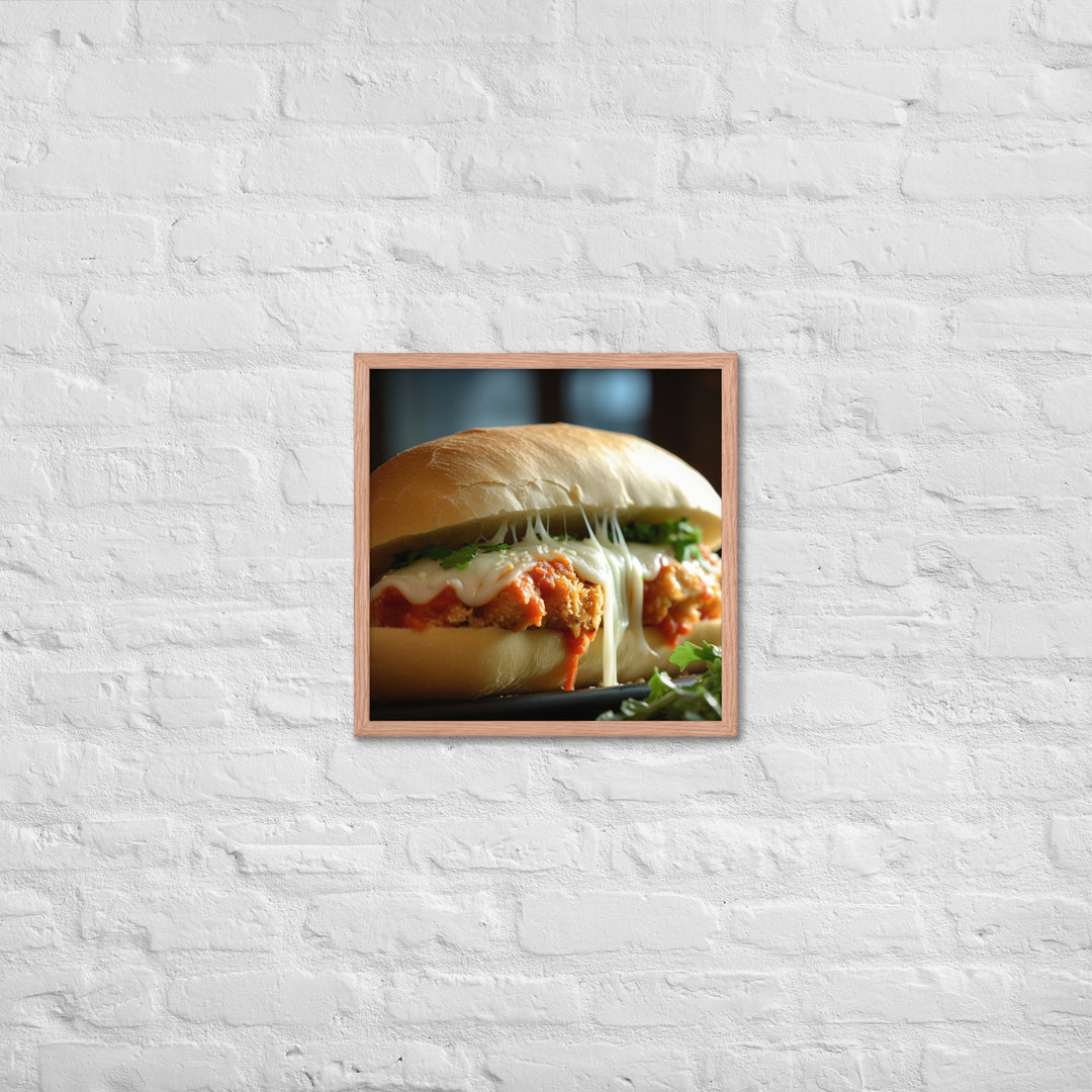 Sizzling Chicken Parmesan on a Hero Roll Framed poster 🤤 from Yumify.AI