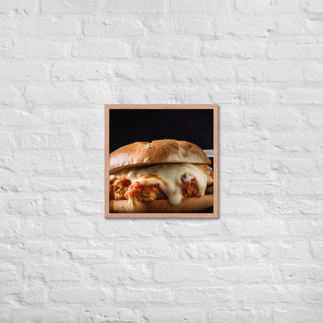 Juicy Chicken Parmesan on a Toasted Bun Framed poster 🤤 from Yumify.AI