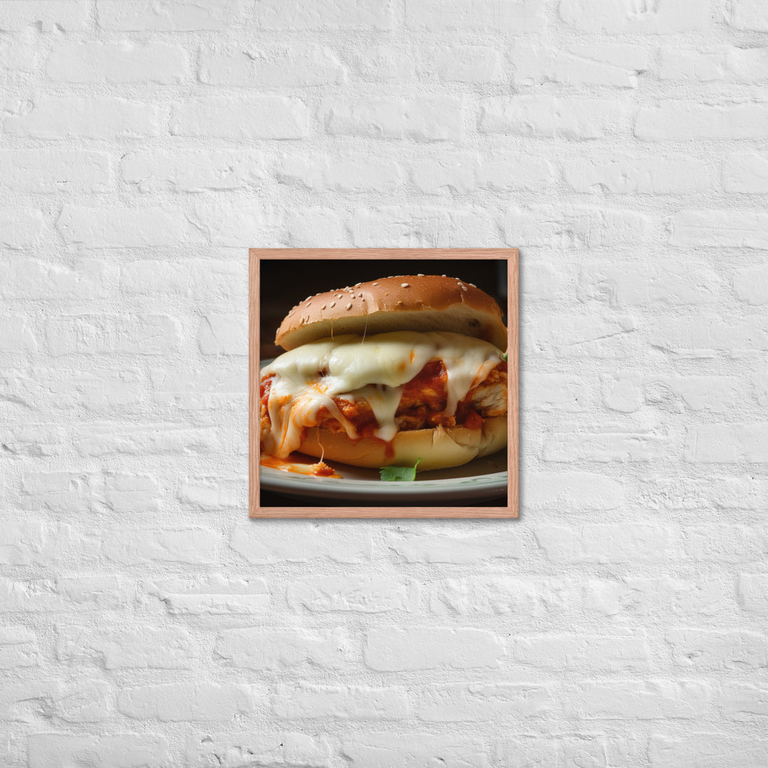 Juicy Chicken Parmesan on a Toasted Bun Framed poster 🤤 from Yumify.AI