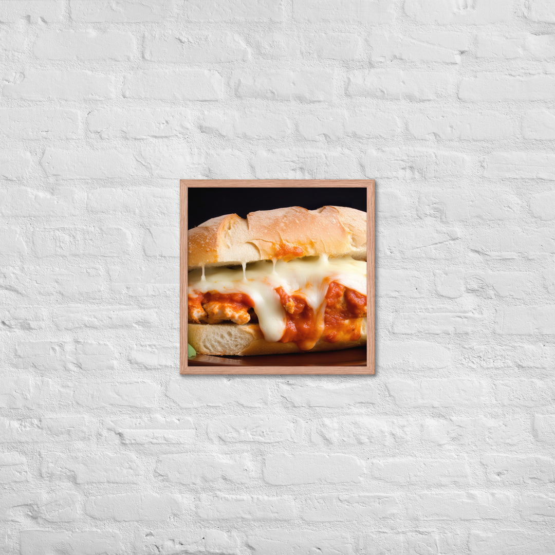 Golden Chicken Parmesan on Fresh Bread Framed poster 🤤 from Yumify.AI