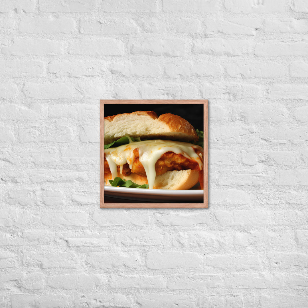 Golden Chicken Parmesan on Fresh Bread Framed poster 🤤 from Yumify.AI