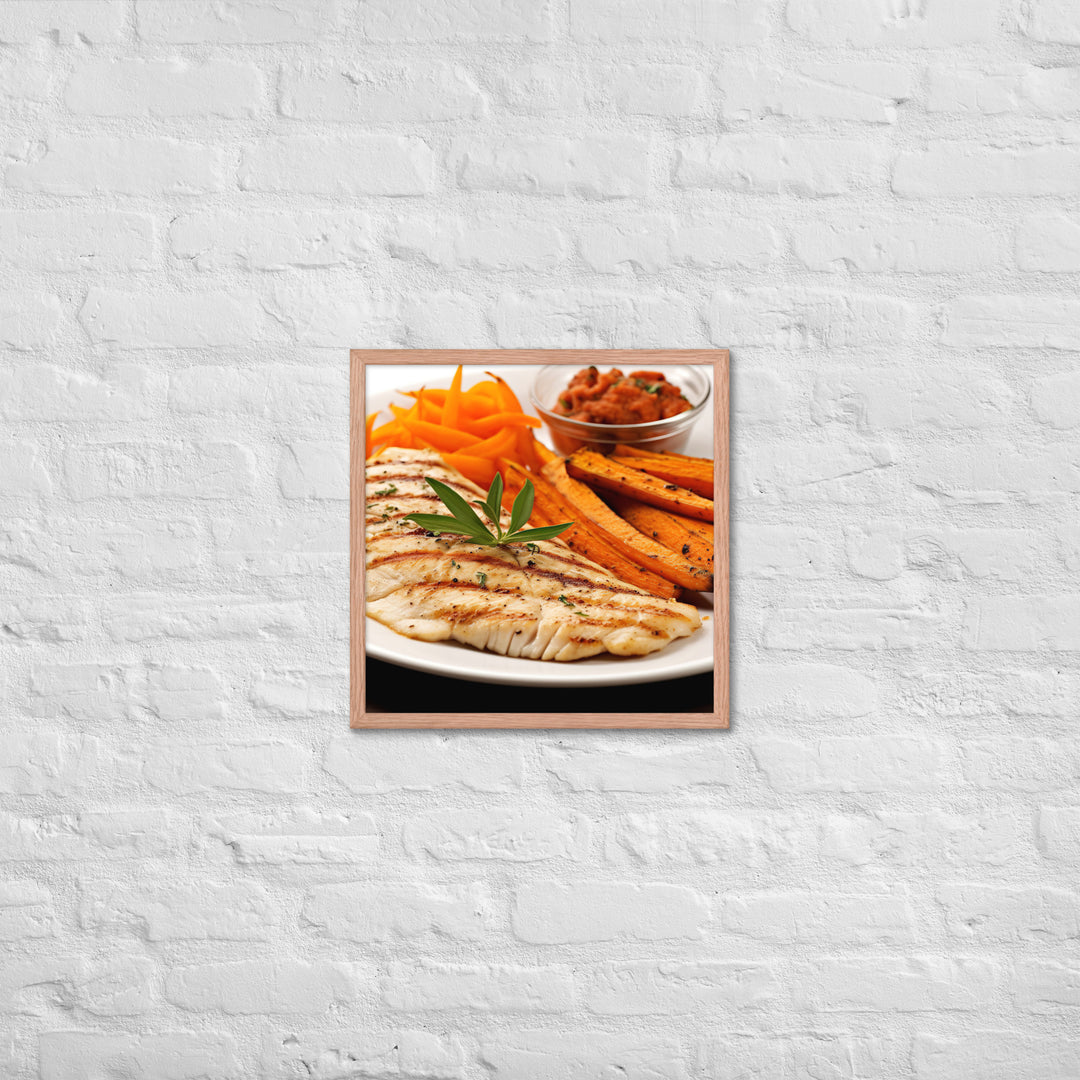 Grilled Fish and Sweet Potato Fries Framed poster 🤤 from Yumify.AI