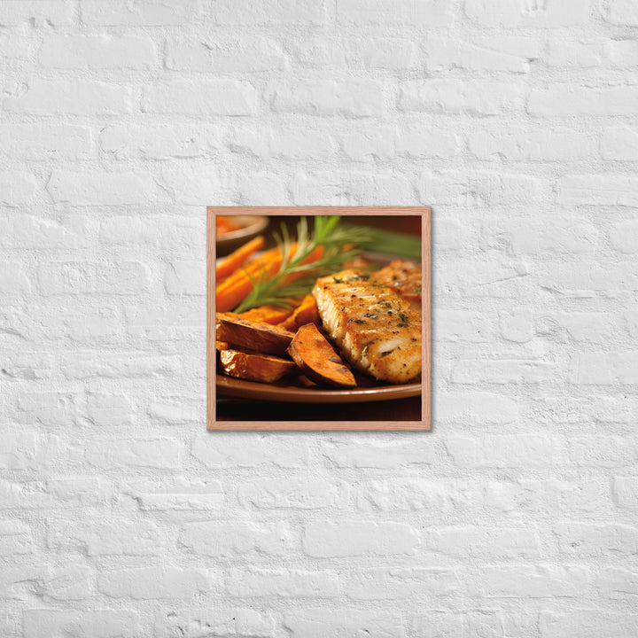 Grilled Fish and Sweet Potato Fries Framed poster 🤤 from Yumify.AI