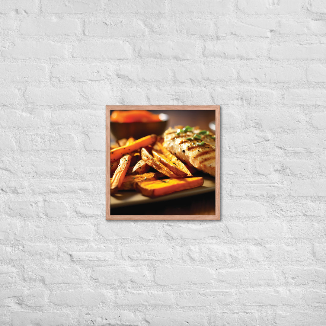 Grilled Fish and Sweet Potato Fries Framed poster 🤤 from Yumify.AI