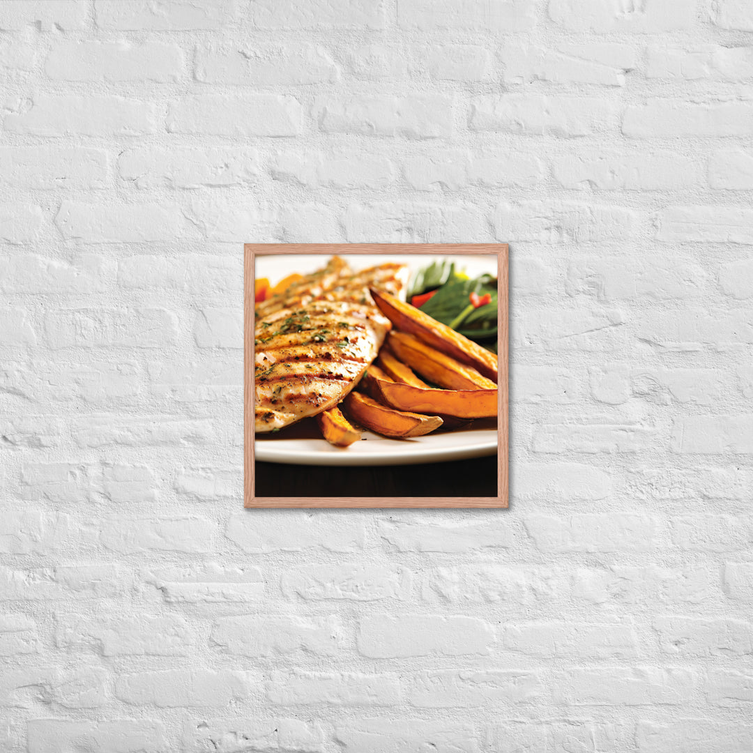 Grilled Fish and Sweet Potato Fries Framed poster 🤤 from Yumify.AI