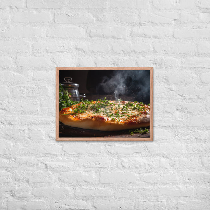 Pizza topped with melted Parmesan cheese Framed poster 🤤 from Yumify.AI