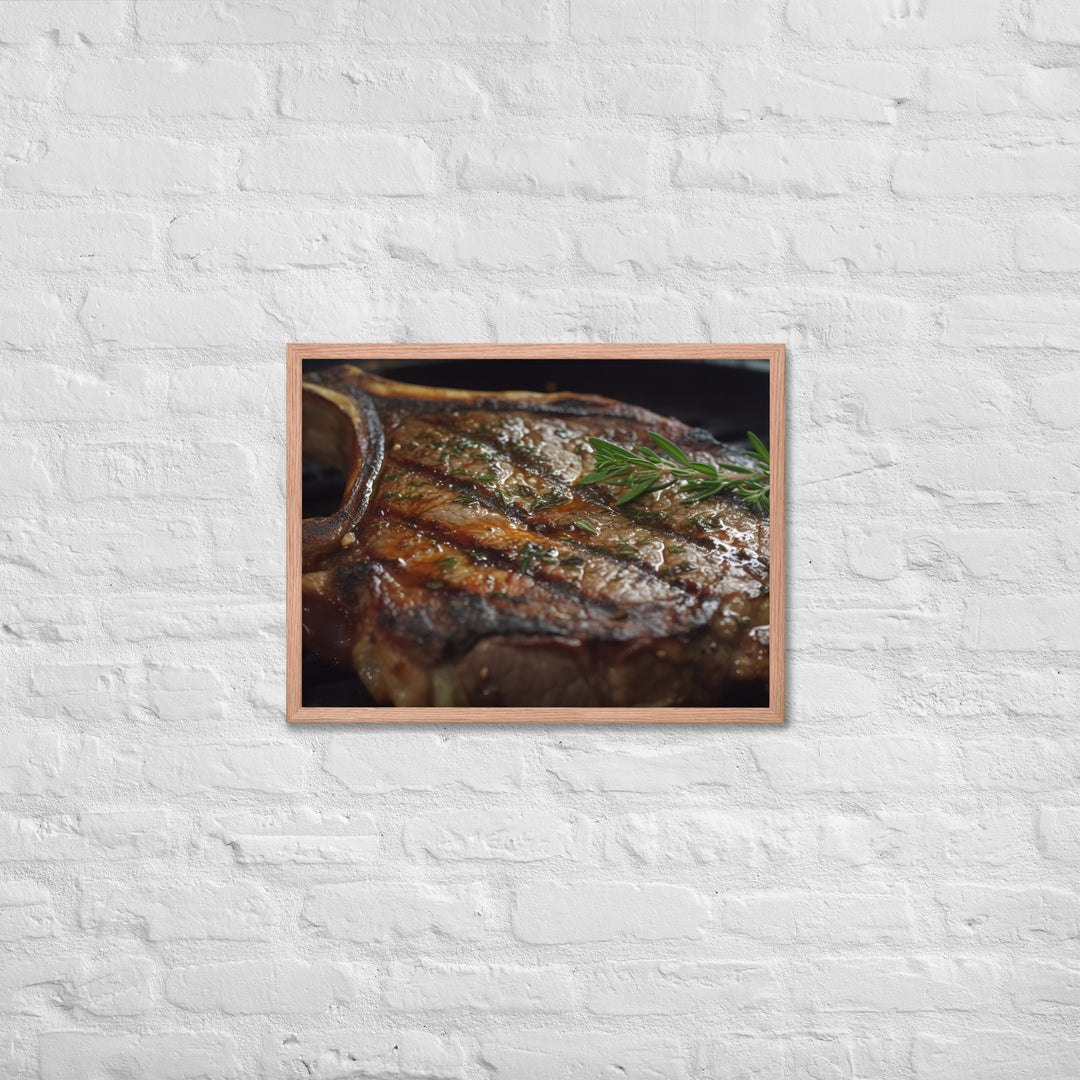 Juicy T-Bone Steak on a Sizzling Grill Framed poster 🤤 from Yumify.AI