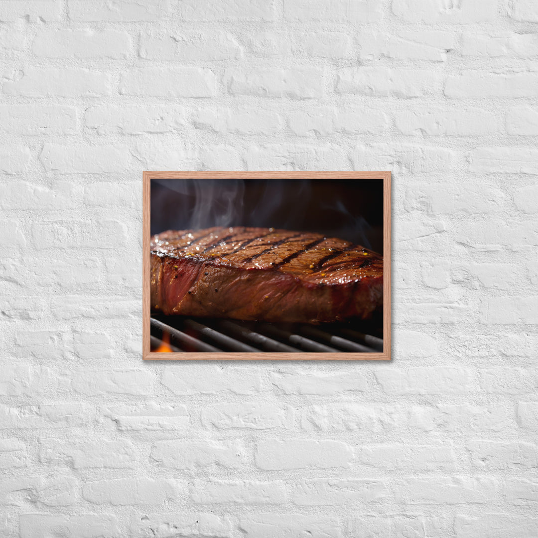 Juicy Flank Steak sizzling on a grill Framed poster 🤤 from Yumify.AI