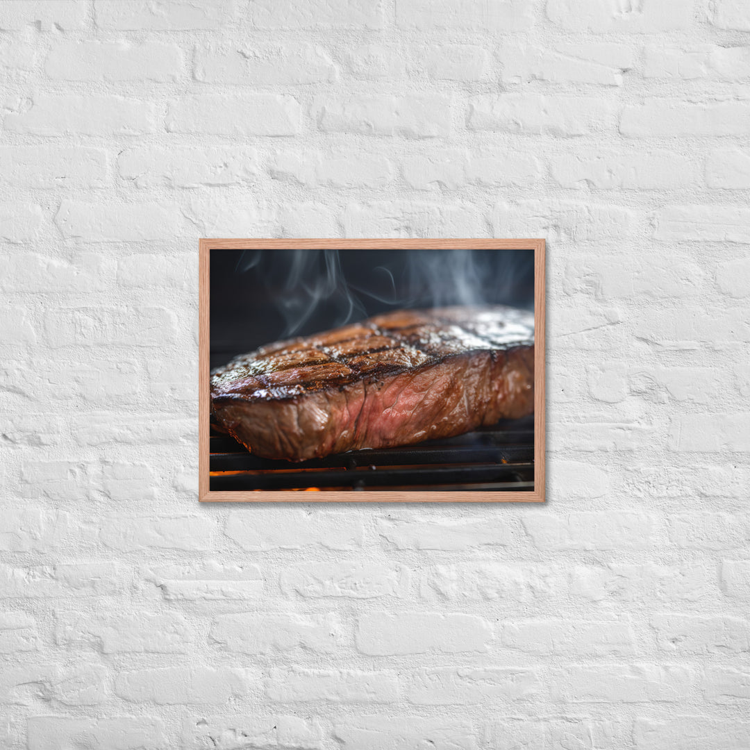 Juicy Flank Steak sizzling on a grill Framed poster 🤤 from Yumify.AI