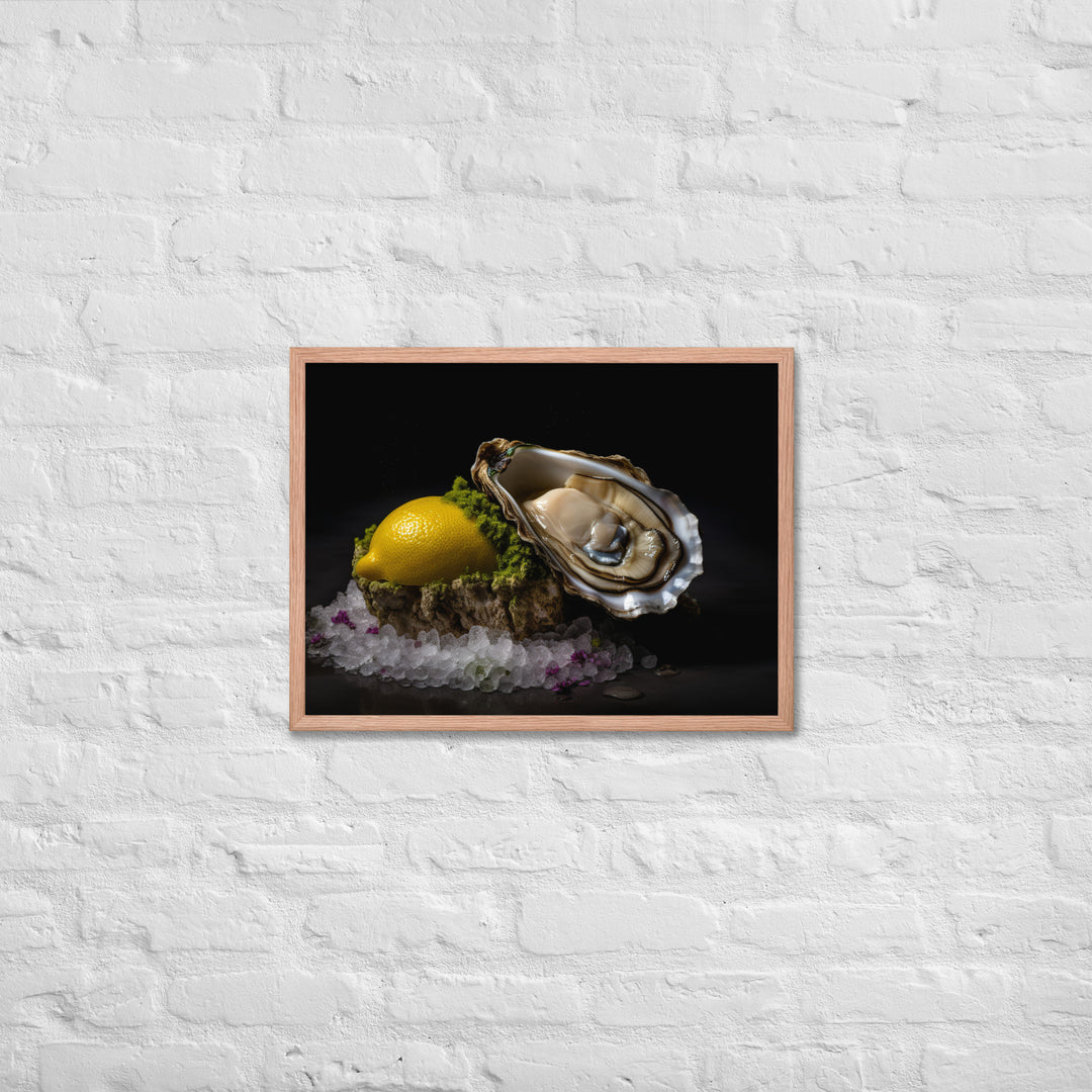 Succulent Belon oyster with lemon wedge Framed poster 🤤 from Yumify.AI