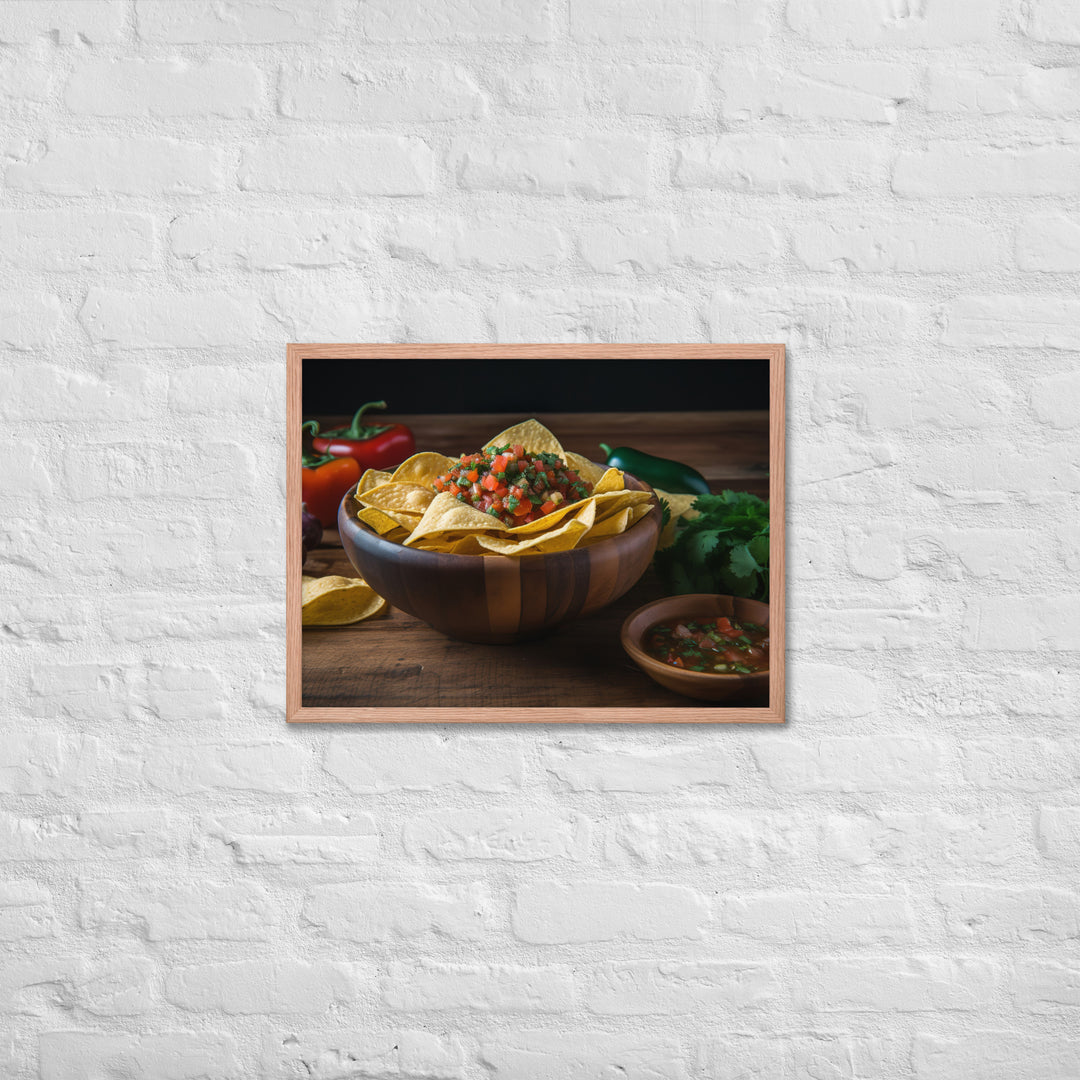 A colorful bowl of chips and salsa Framed poster 🤤 from Yumify.AI