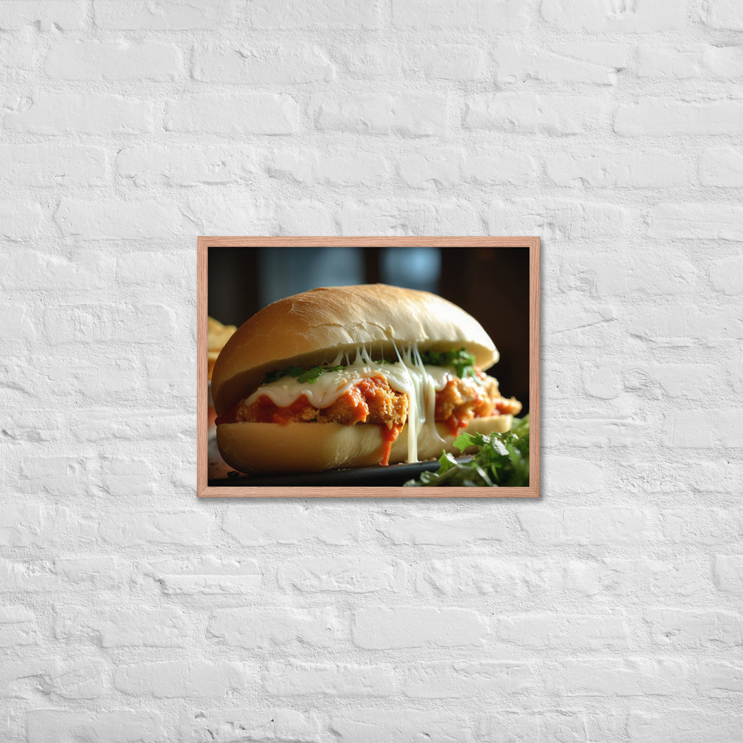 Sizzling Chicken Parmesan on a Hero Roll Framed poster 🤤 from Yumify.AI