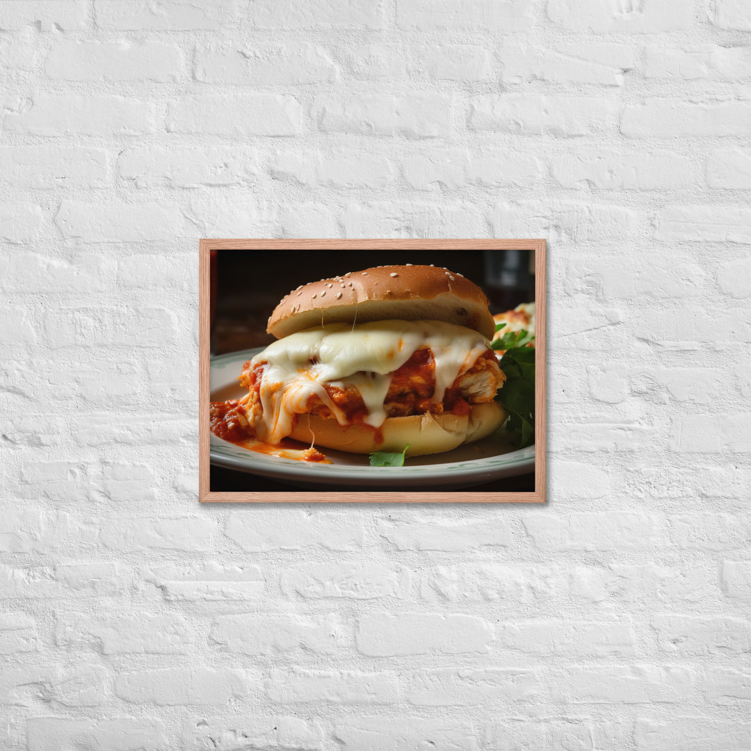 Juicy Chicken Parmesan on a Toasted Bun Framed poster 🤤 from Yumify.AI