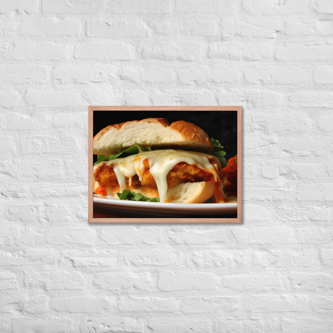 Golden Chicken Parmesan on Fresh Bread Framed poster 🤤 from Yumify.AI