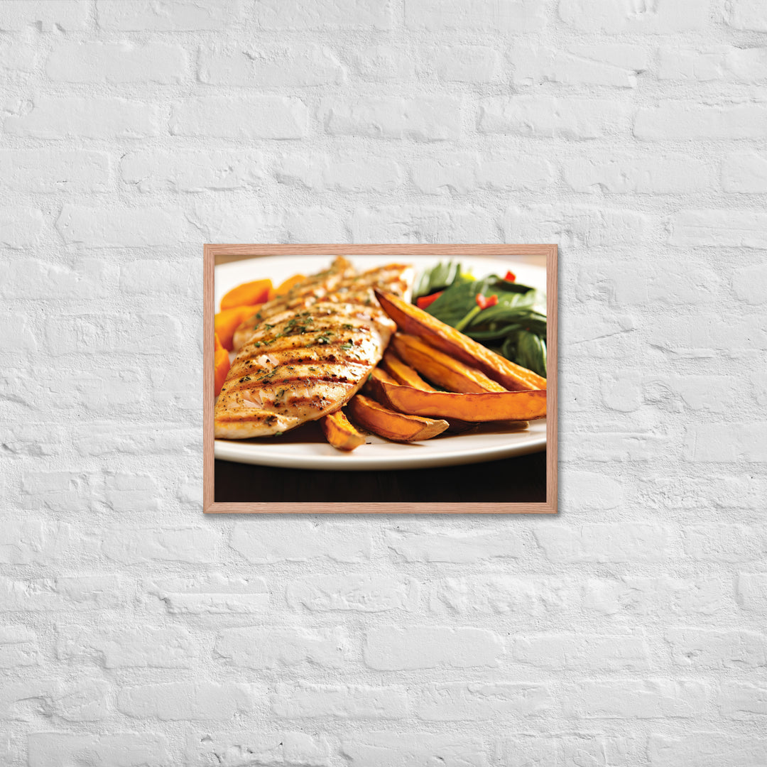 Grilled Fish and Sweet Potato Fries Framed poster 🤤 from Yumify.AI