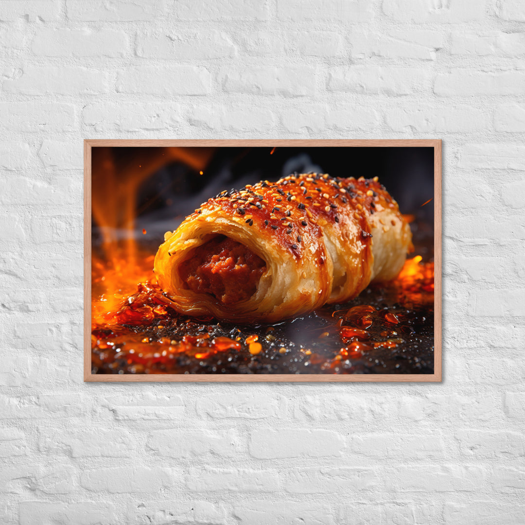 Spicy Sausage Roll Framed poster 🤤 from Yumify.AI