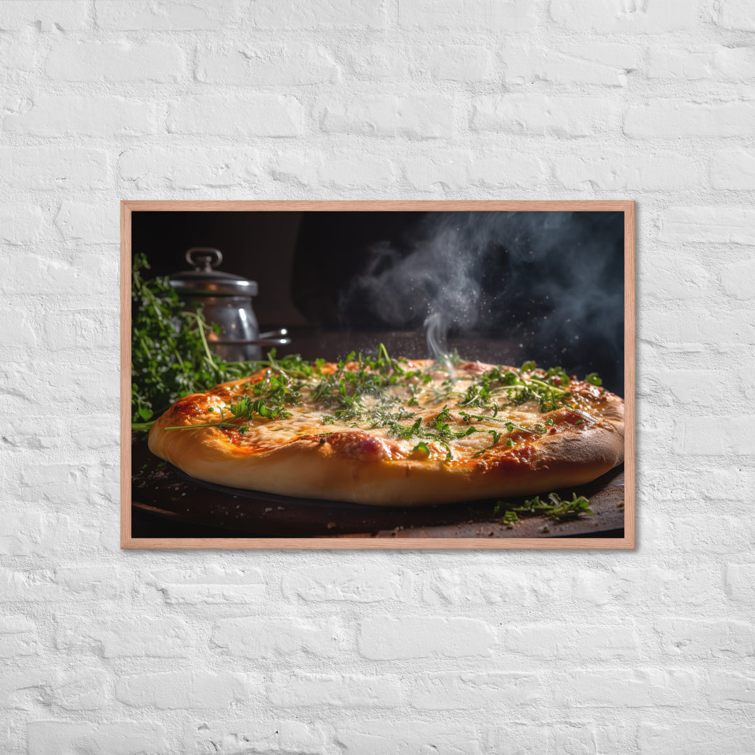 Pizza topped with melted Parmesan cheese Framed poster 🤤 from Yumify.AI