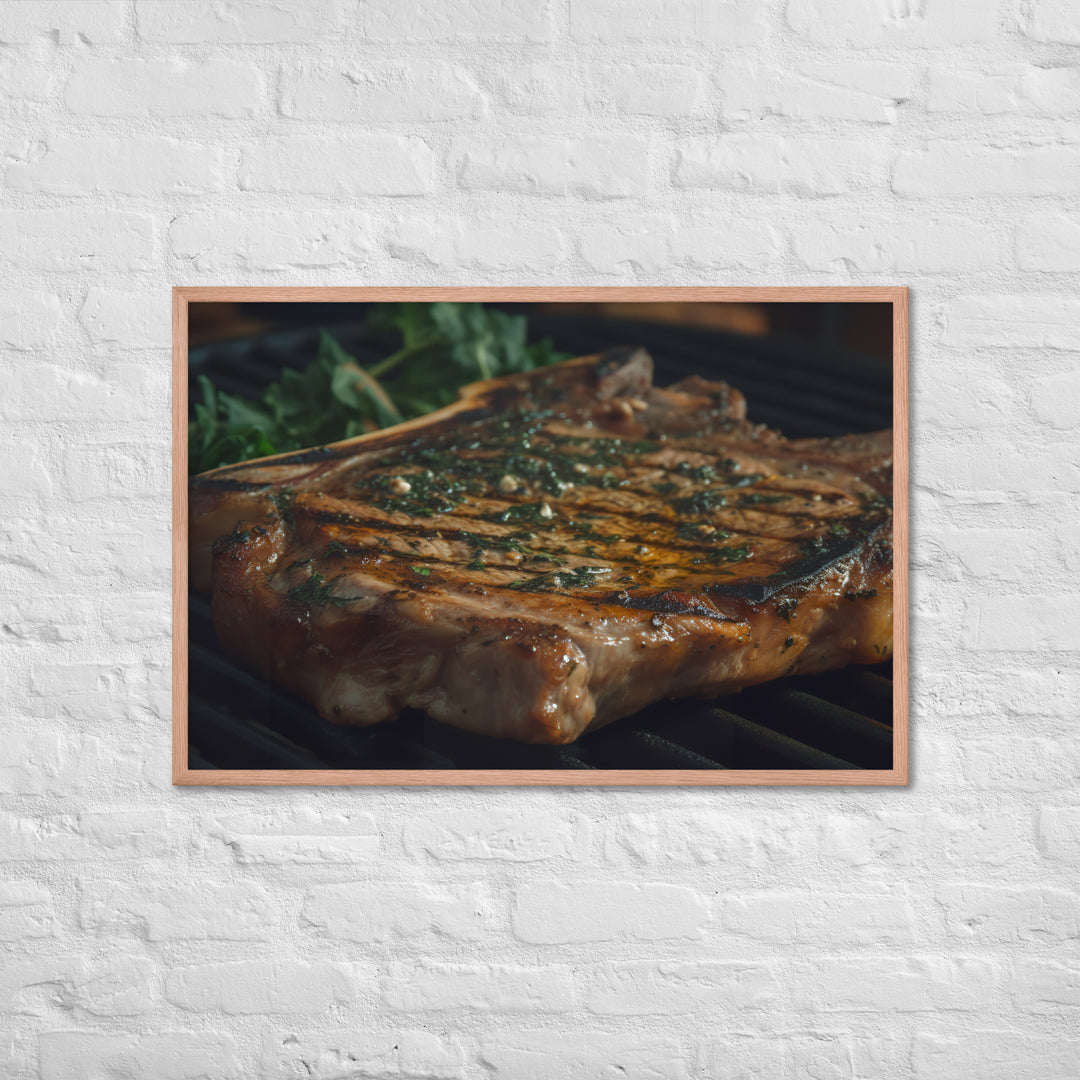 Juicy T-Bone Steak on a Sizzling Grill Framed poster 🤤 from Yumify.AI