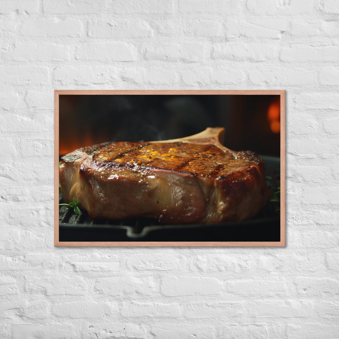 Juicy T-Bone Steak on a Sizzling Grill Framed poster 🤤 from Yumify.AI