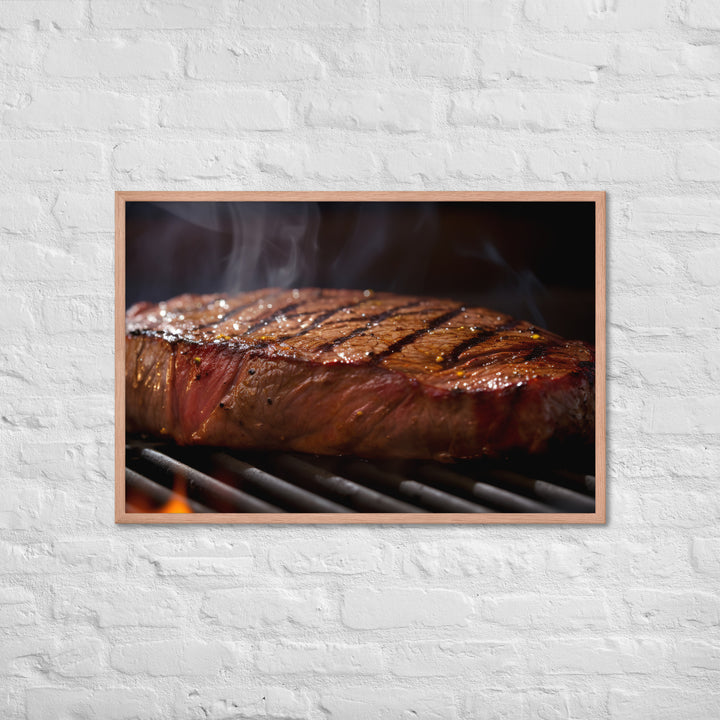 Juicy Flank Steak sizzling on a grill Framed poster 🤤 from Yumify.AI