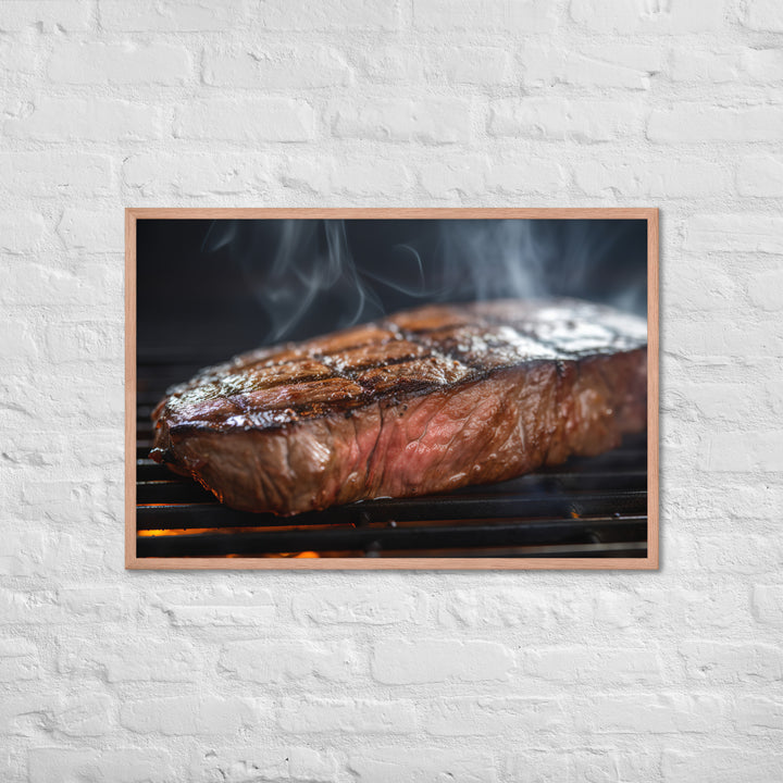 Juicy Flank Steak sizzling on a grill Framed poster 🤤 from Yumify.AI