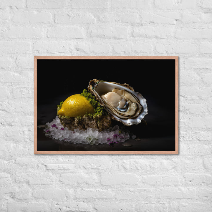 Succulent Belon oyster with lemon wedge Framed poster 🤤 from Yumify.AI