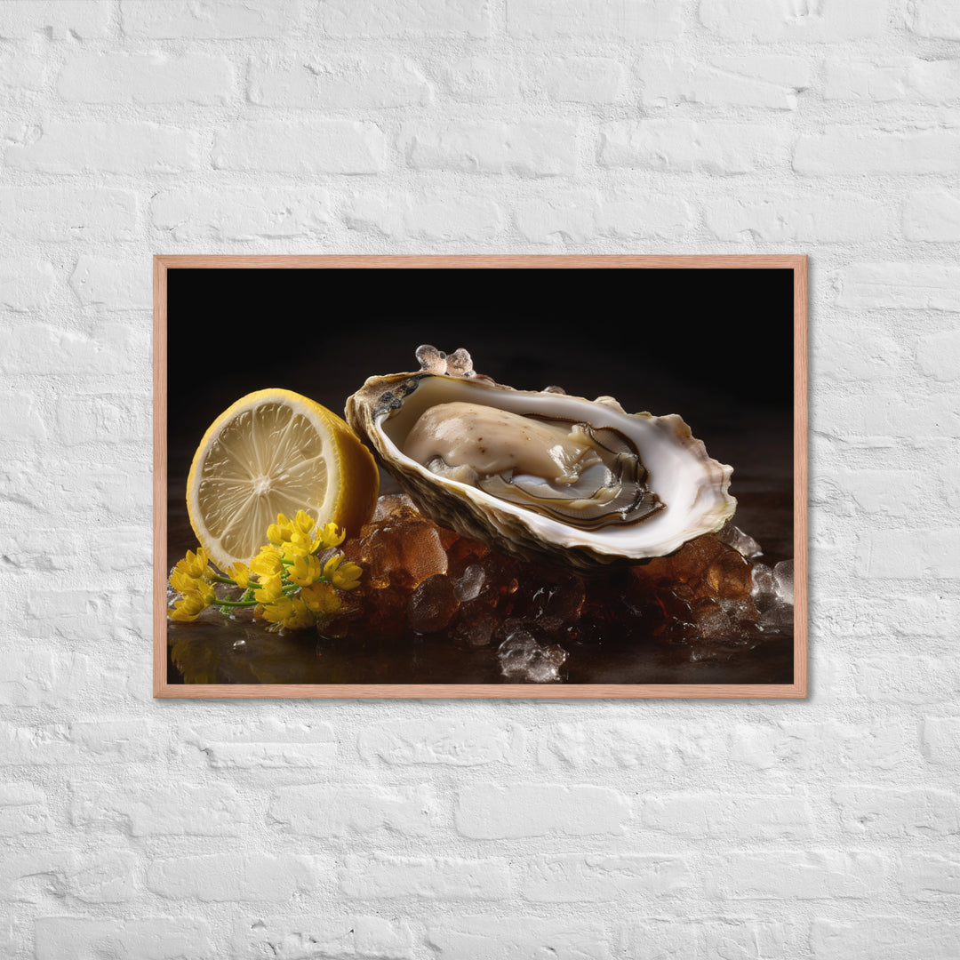 Succulent Belon oyster with lemon wedgev Framed poster 🤤 from Yumify.AI