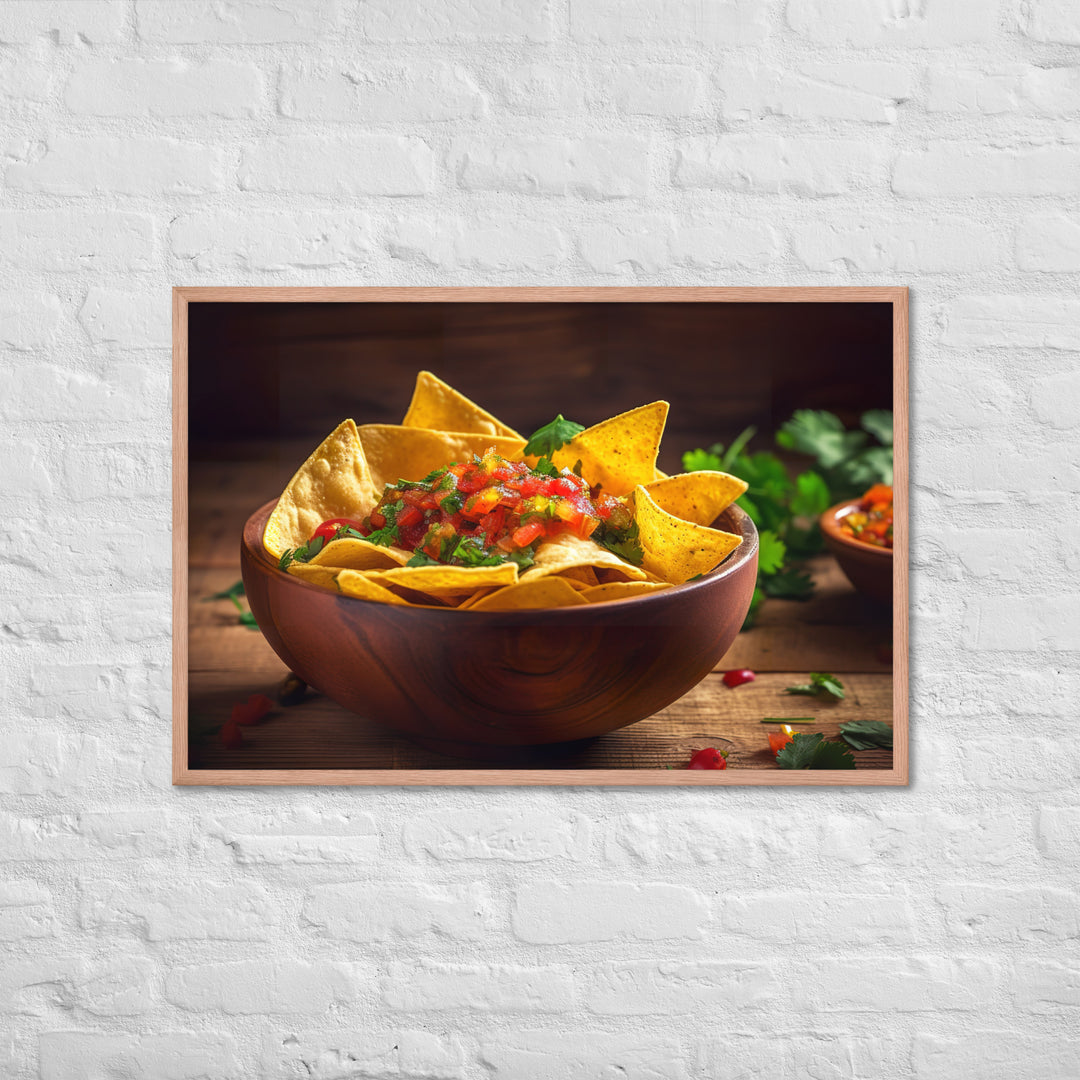 A colorful bowl of chips and salsa Framed poster 🤤 from Yumify.AI