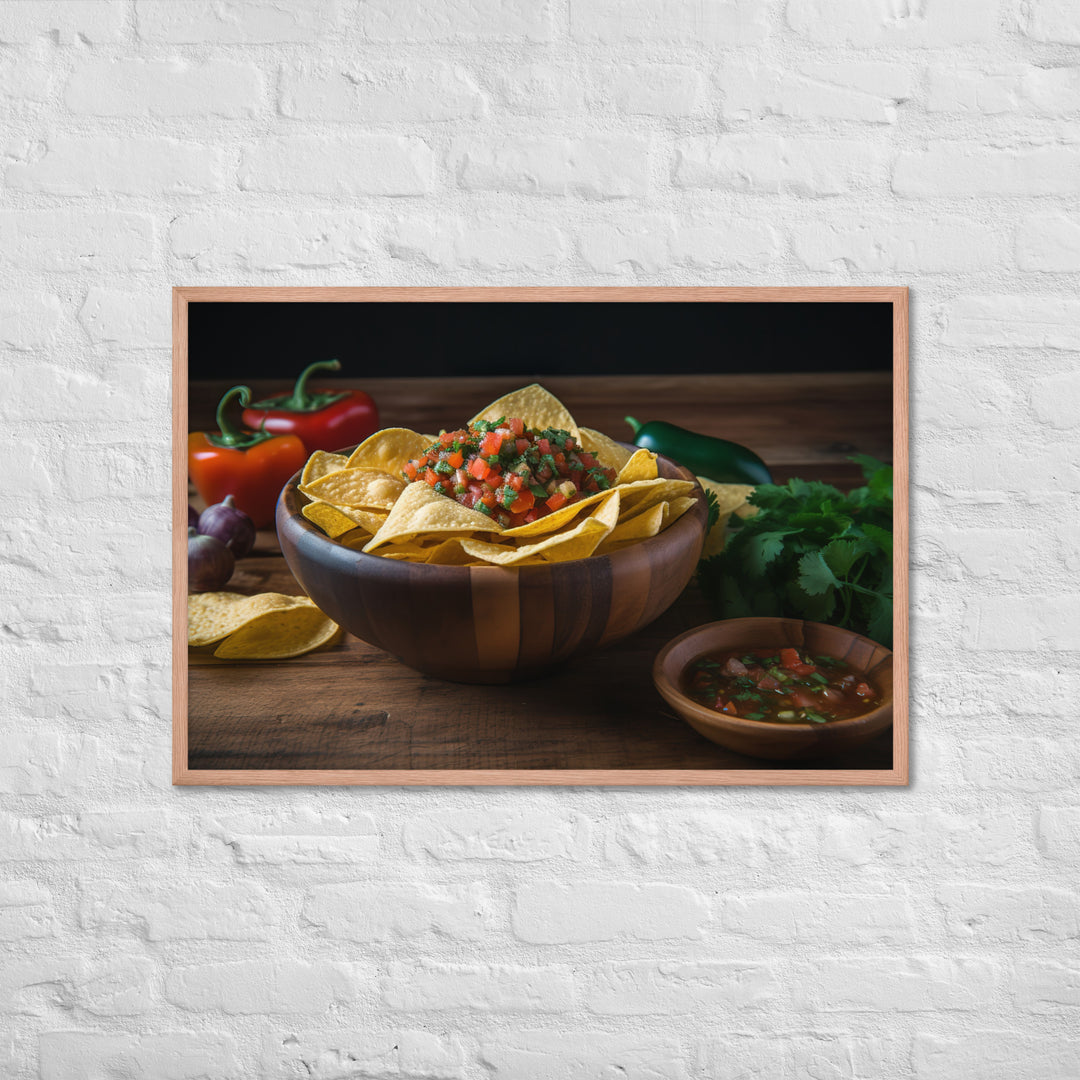 A colorful bowl of chips and salsa Framed poster 🤤 from Yumify.AI