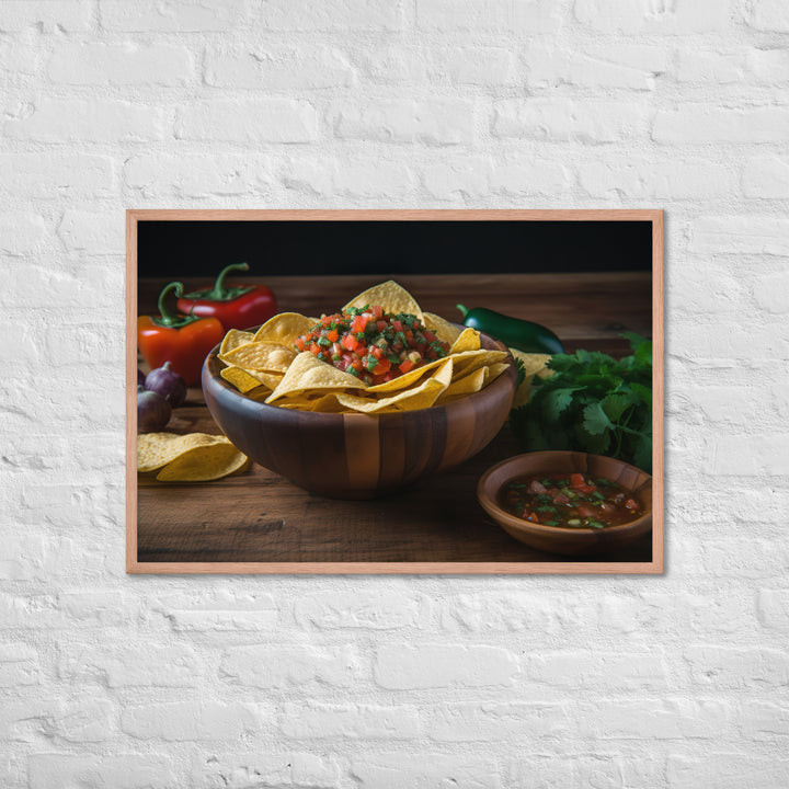 A colorful bowl of chips and salsa Framed poster 🤤 from Yumify.AI