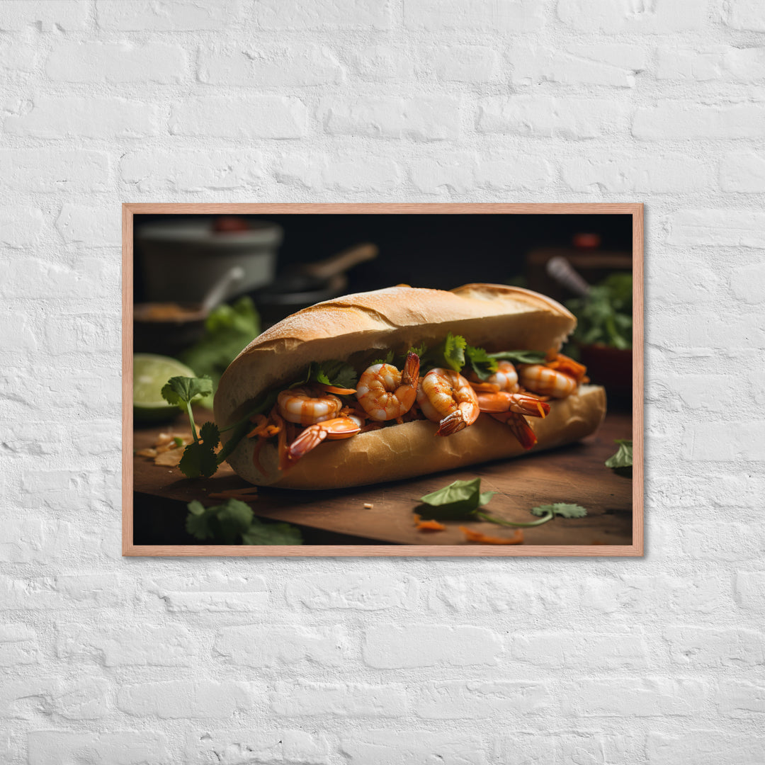 Spicy Banh Mi with Grilled Shrimp and Sriracha Mayo Framed poster 🤤 from Yumify.AI