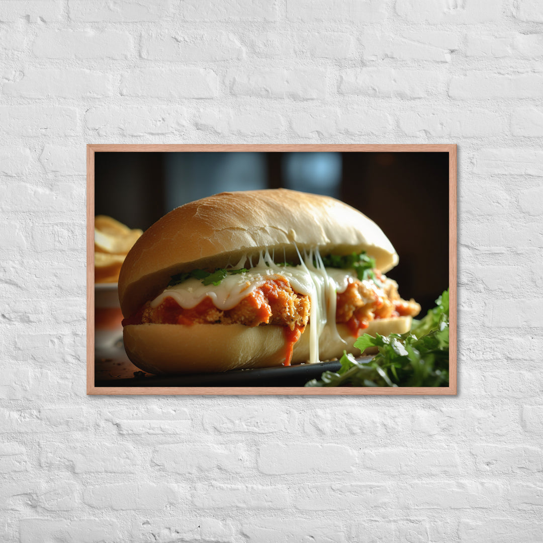 Sizzling Chicken Parmesan on a Hero Roll Framed poster 🤤 from Yumify.AI