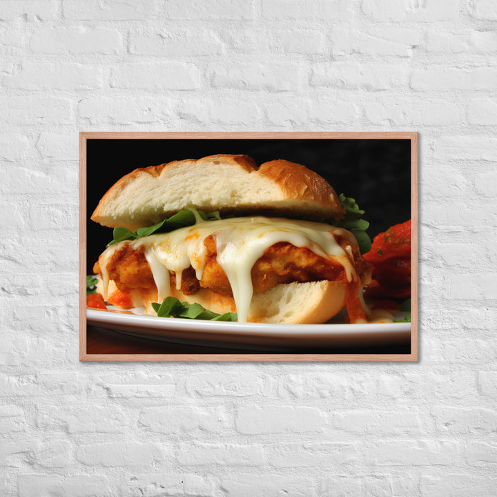 Golden Chicken Parmesan on Fresh Bread Framed poster 🤤 from Yumify.AI