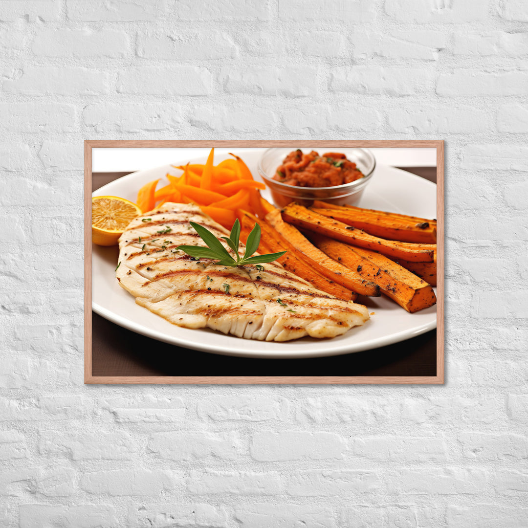 Grilled Fish and Sweet Potato Fries Framed poster 🤤 from Yumify.AI