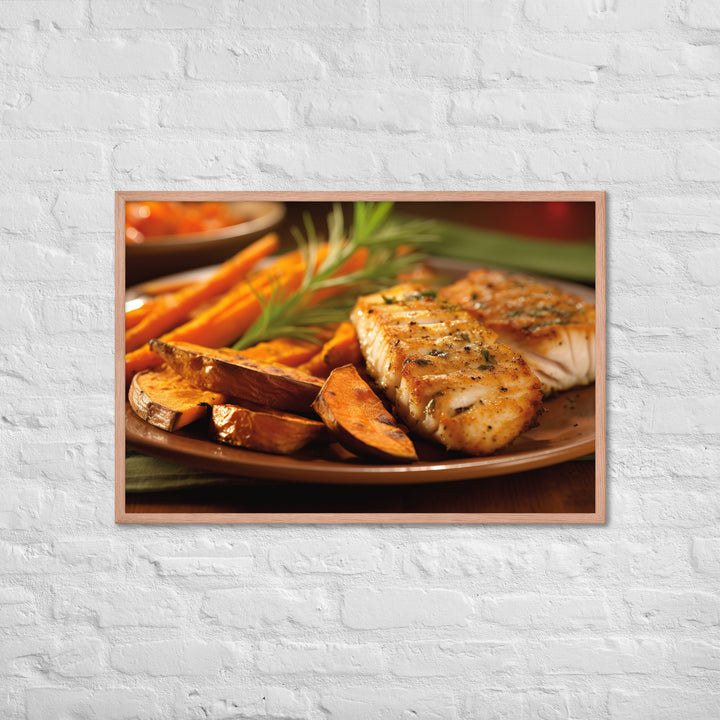 Grilled Fish and Sweet Potato Fries Framed poster 🤤 from Yumify.AI