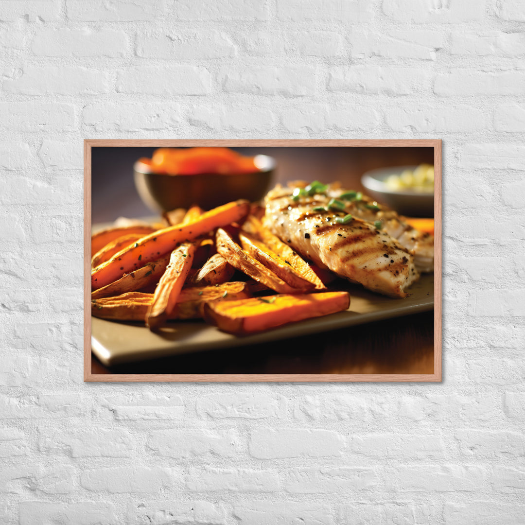 Grilled Fish and Sweet Potato Fries Framed poster 🤤 from Yumify.AI