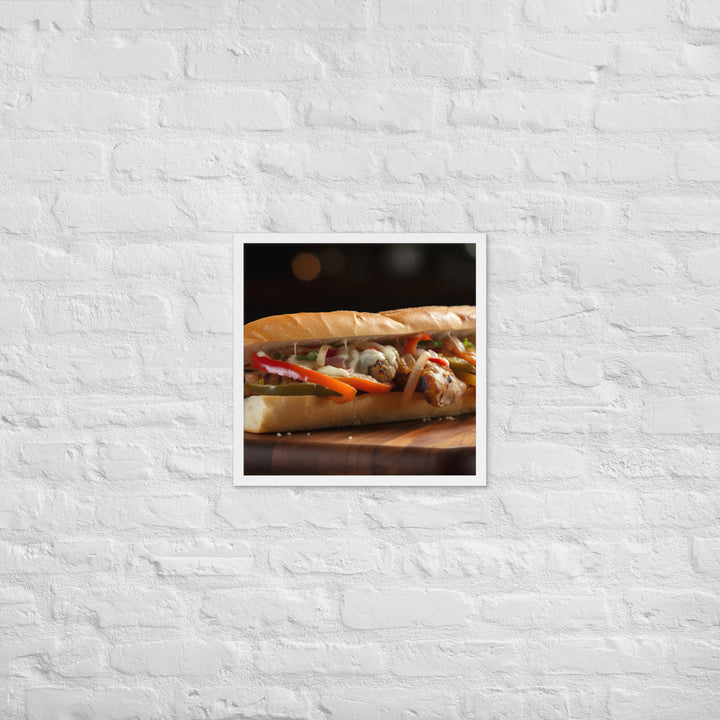Sausage and peppers sandwich Framed poster 🤤 from Yumify.AI