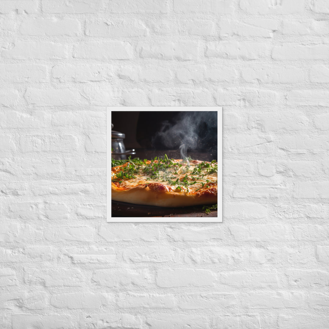 Pizza topped with melted Parmesan cheese Framed poster 🤤 from Yumify.AI