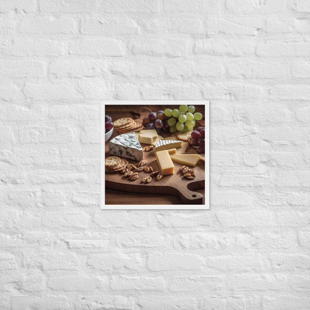 A cheese board featuring creamy brie Framed poster 🤤 from Yumify.AI