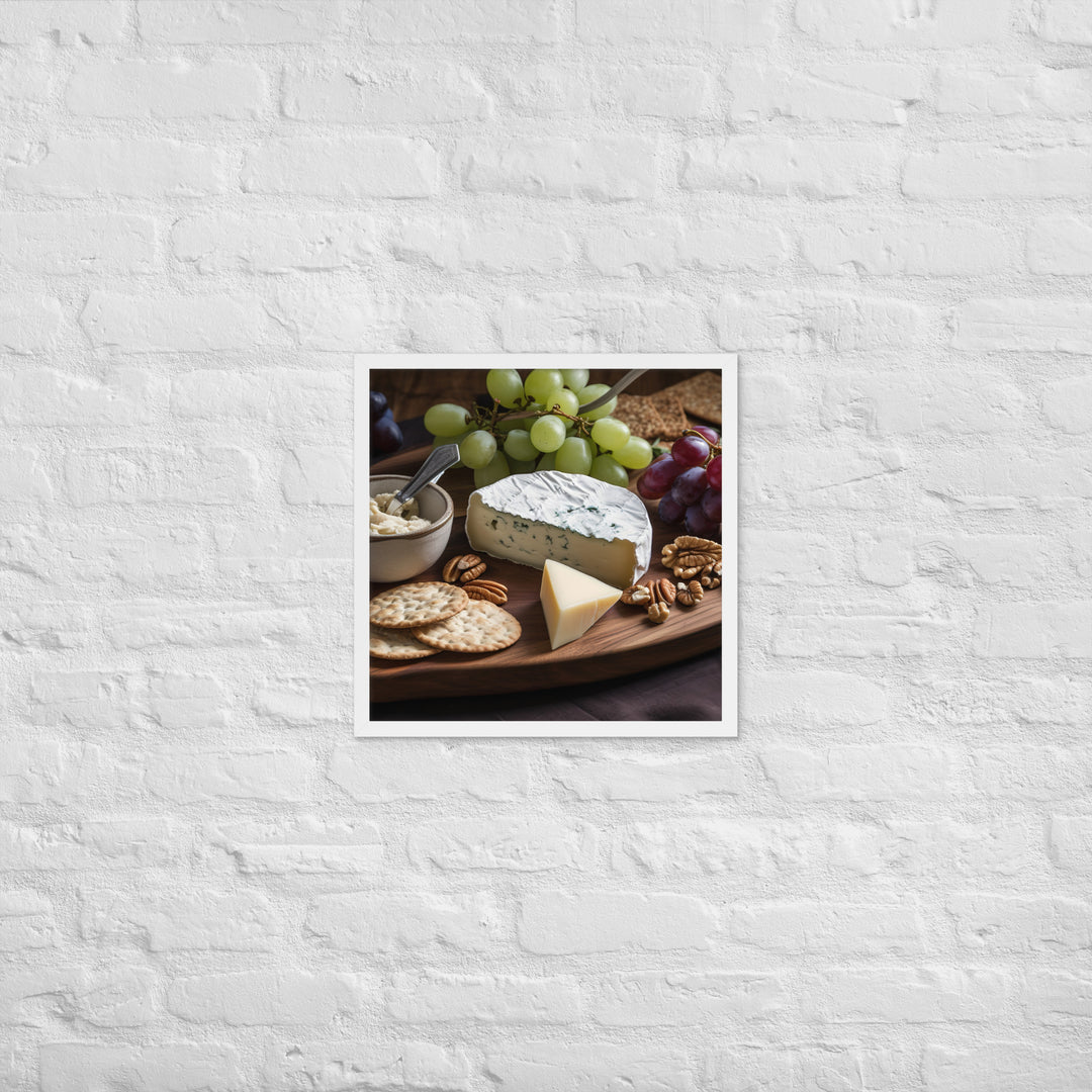 A cheese board featuring creamy brie Framed poster 🤤 from Yumify.AI