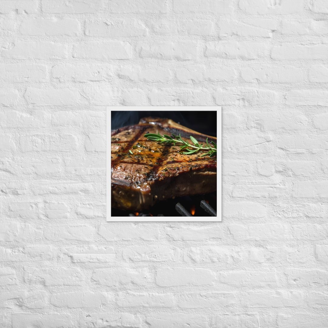 Juicy T-Bone Steak on a Sizzling Grill Framed poster 🤤 from Yumify.AI